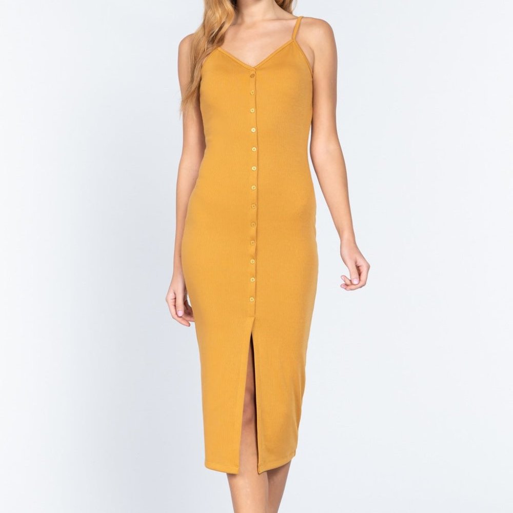 Women's Ocher Fron Button Slit Rib Cami Midi Dress For Valentine Size-S NWT